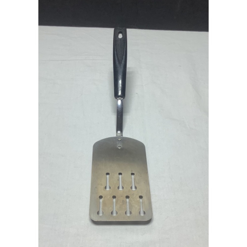 Vintage Ekco 12" Spatula Chrome Keyhole Slots Black Short Handle